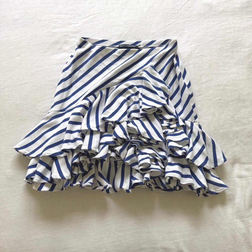 Y2K Ralph Lauren Sport XS Blue White Striped Ruffle Tiered Cotton Mini Skirt - Picture 2 of 8